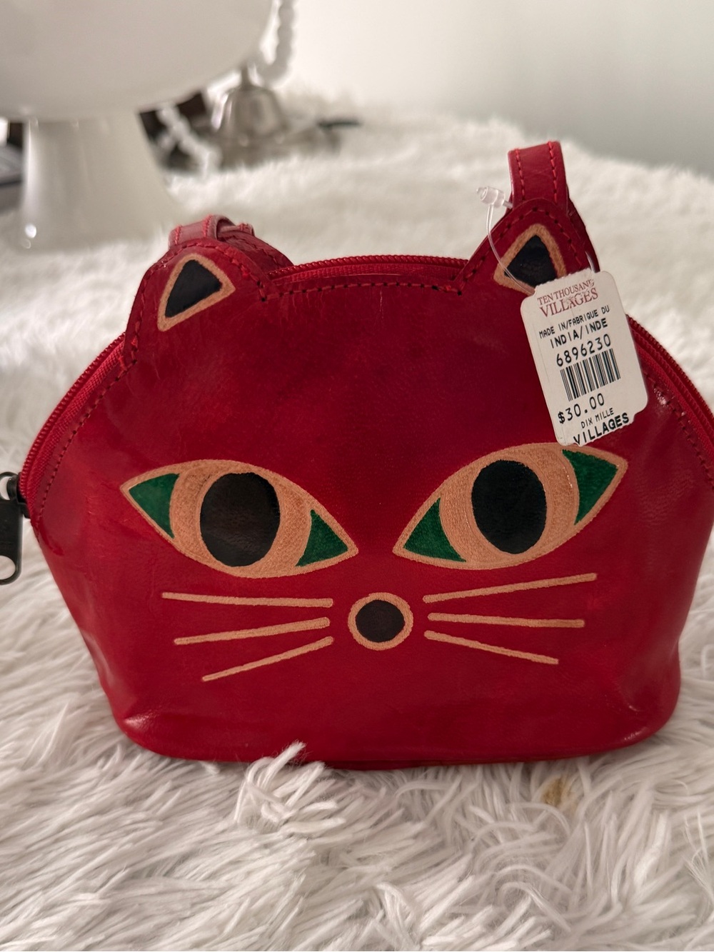 Red Cat Face mini purse hand painted in India